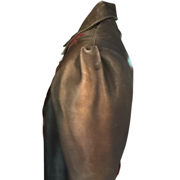 Vintage Dallas Leather Fringe Jacket Brown w/ Burgundy Rose Embroidery Size 10 - Picture 5 of 12